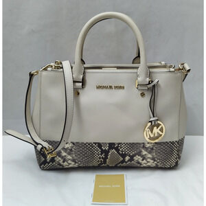 Michael Kors White Leather Snakeskin Embossed Detail Carryall Satchel Bag